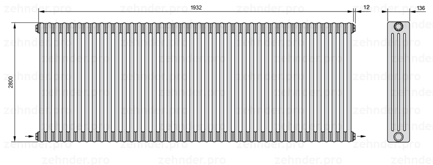 Схема (чертеж) Радиатор Zehnder Charleston 4280/42 №2670 Белый глянцевый RAL 9016
